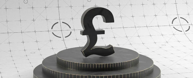 The image shows a black British pound (£) symbol with gold edges on a three-tiered circular platform. The background is a white grid with intersecting lines and circles, creating a futuristic look.