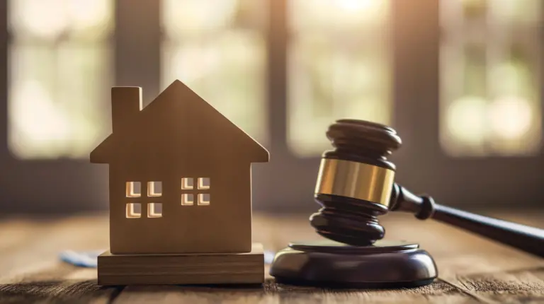 A wooden house model next to a gavel, symbolising houses sold at auction.