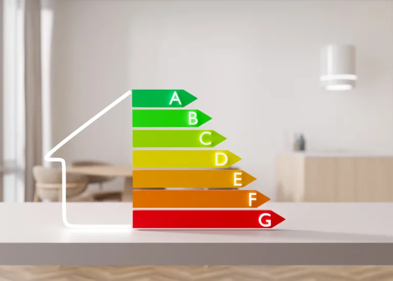 EPC energy efficiency rating chart in the shape of a house, displayed in a modern home interior.