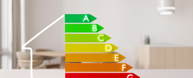 EPC energy efficiency rating chart in the shape of a house, displayed in a modern home interior.