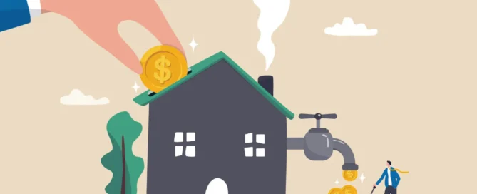 Illustration of rental property investment, showing a landlord depositing money into a house, which dispenses coins, symbolising rental income.