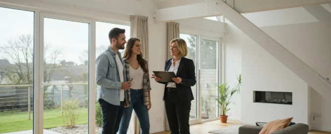 Professional estate agent in dark suit discussing property details with young couple in bright, modern living room with exposed beams and large windows