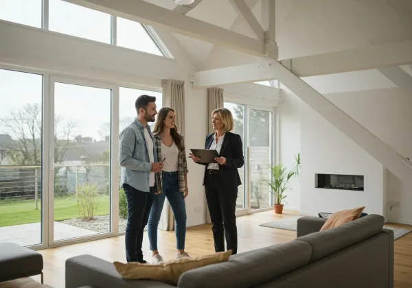 Professional estate agent in dark suit discussing property details with young couple in bright, modern living room with exposed beams and large windows