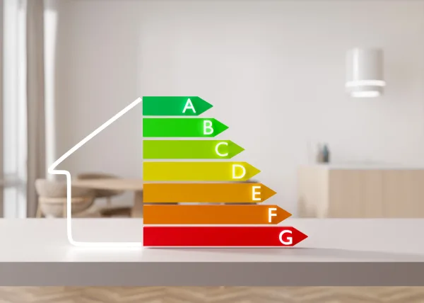 EPC energy efficiency rating chart in the shape of a house, displayed in a modern home interior.