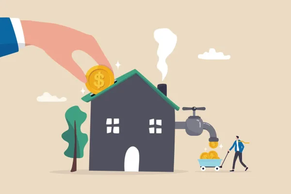 Illustration of rental property investment, showing a landlord depositing money into a house, which dispenses coins, symbolising rental income.